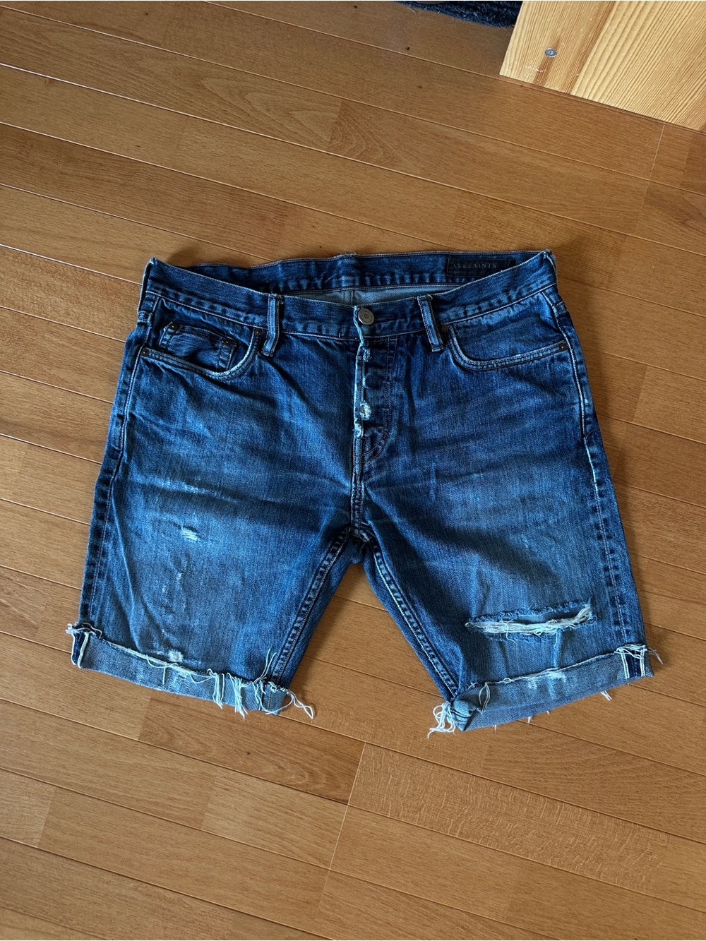 All Saints Men's Dark Blue Distressed Denim Cutoff Shorts